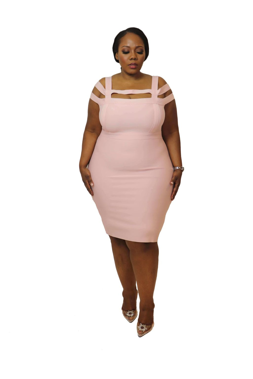 Blush pink bodycon midi dress on sale