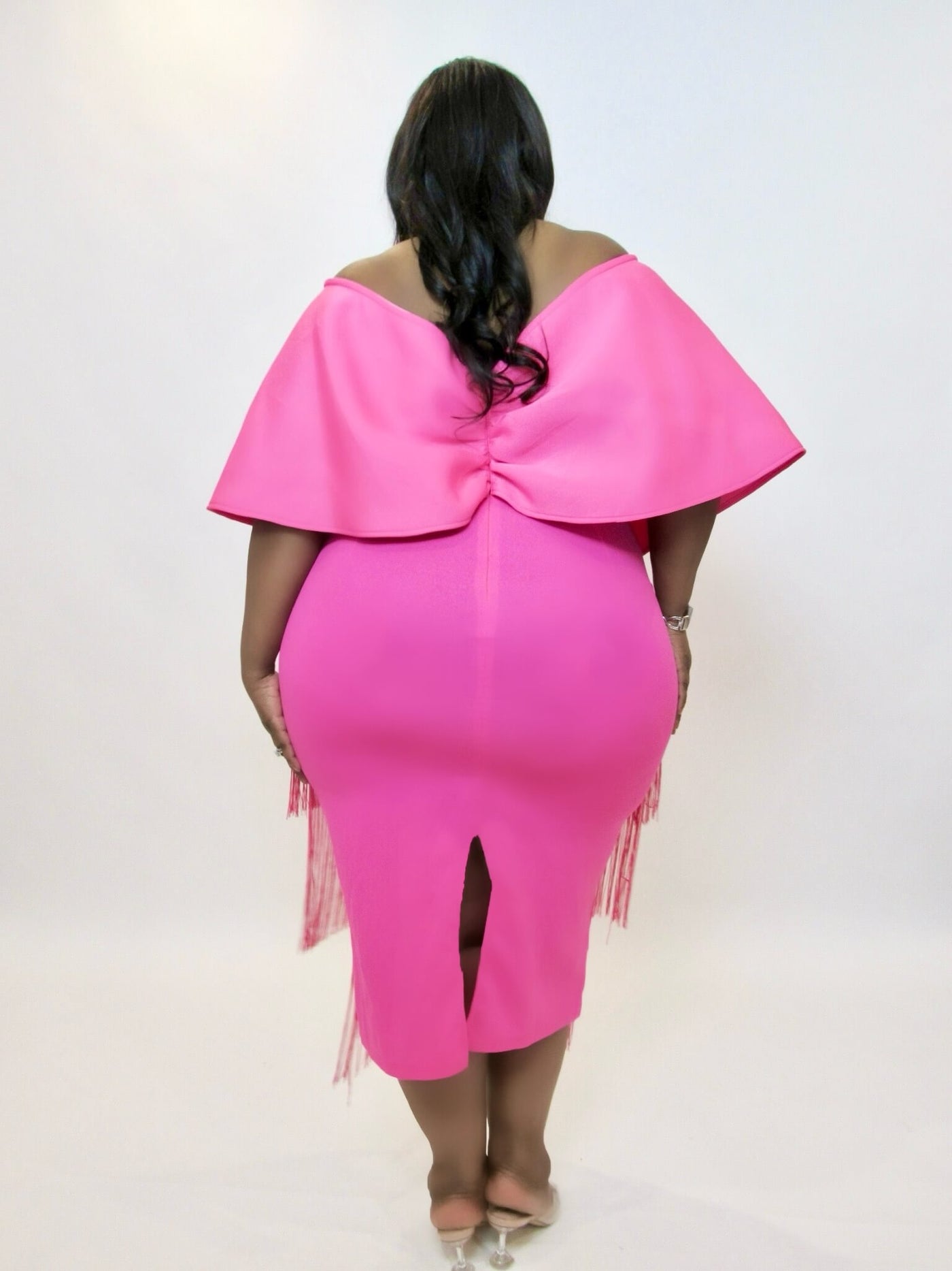 Off the Shoulder Hot Pink Fringe Dress