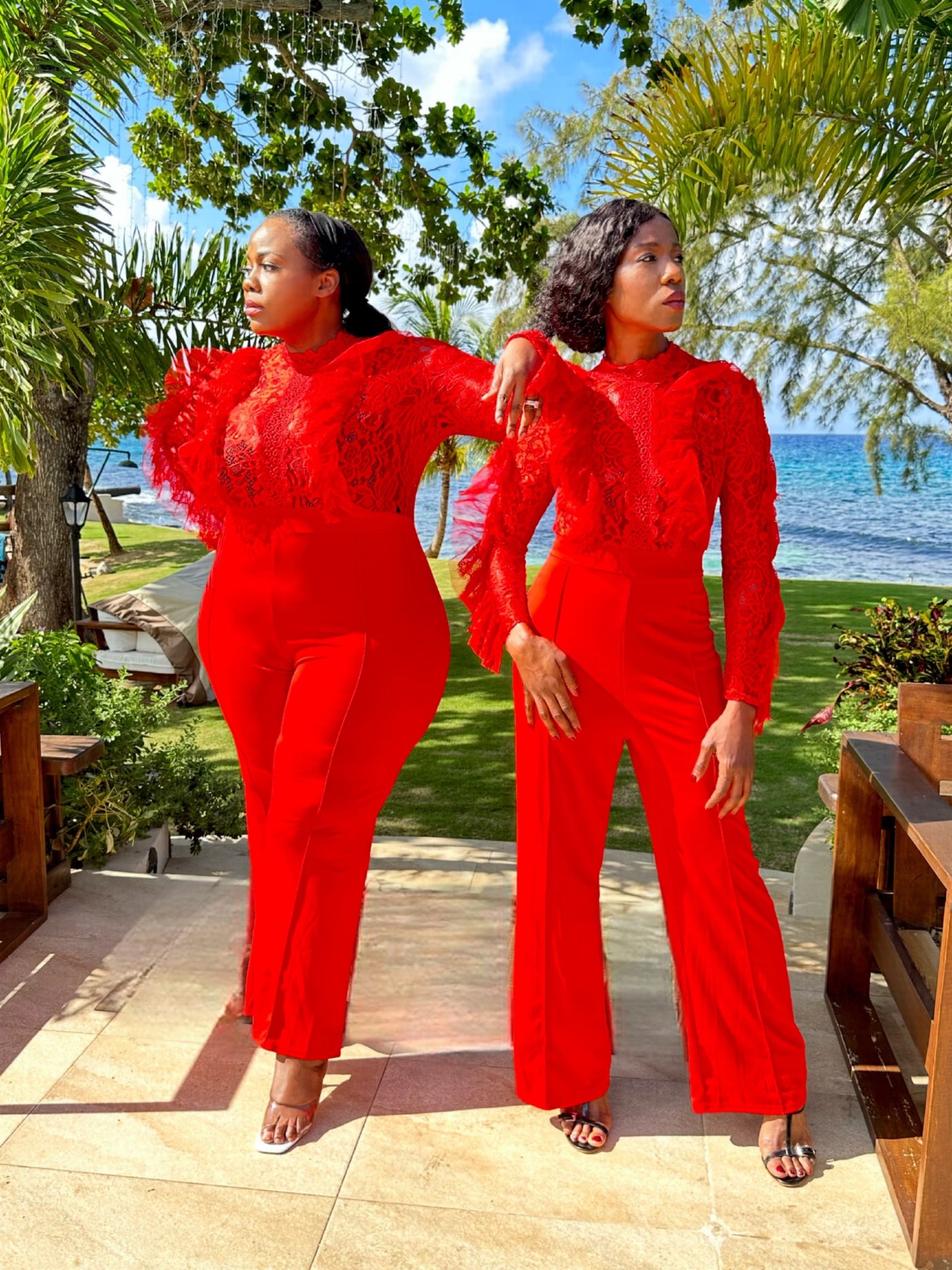 Dressed to Impress Boutique Red Lacey Jump Suit S Lace and Lycra