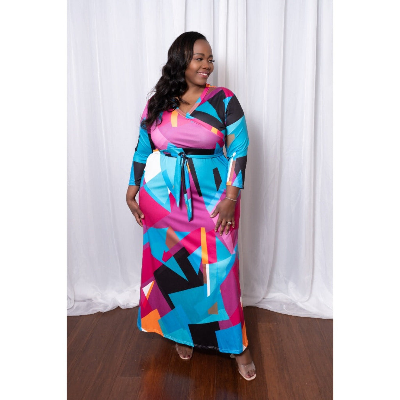 Purple and Blue Color Block V Neck Maxi Dress