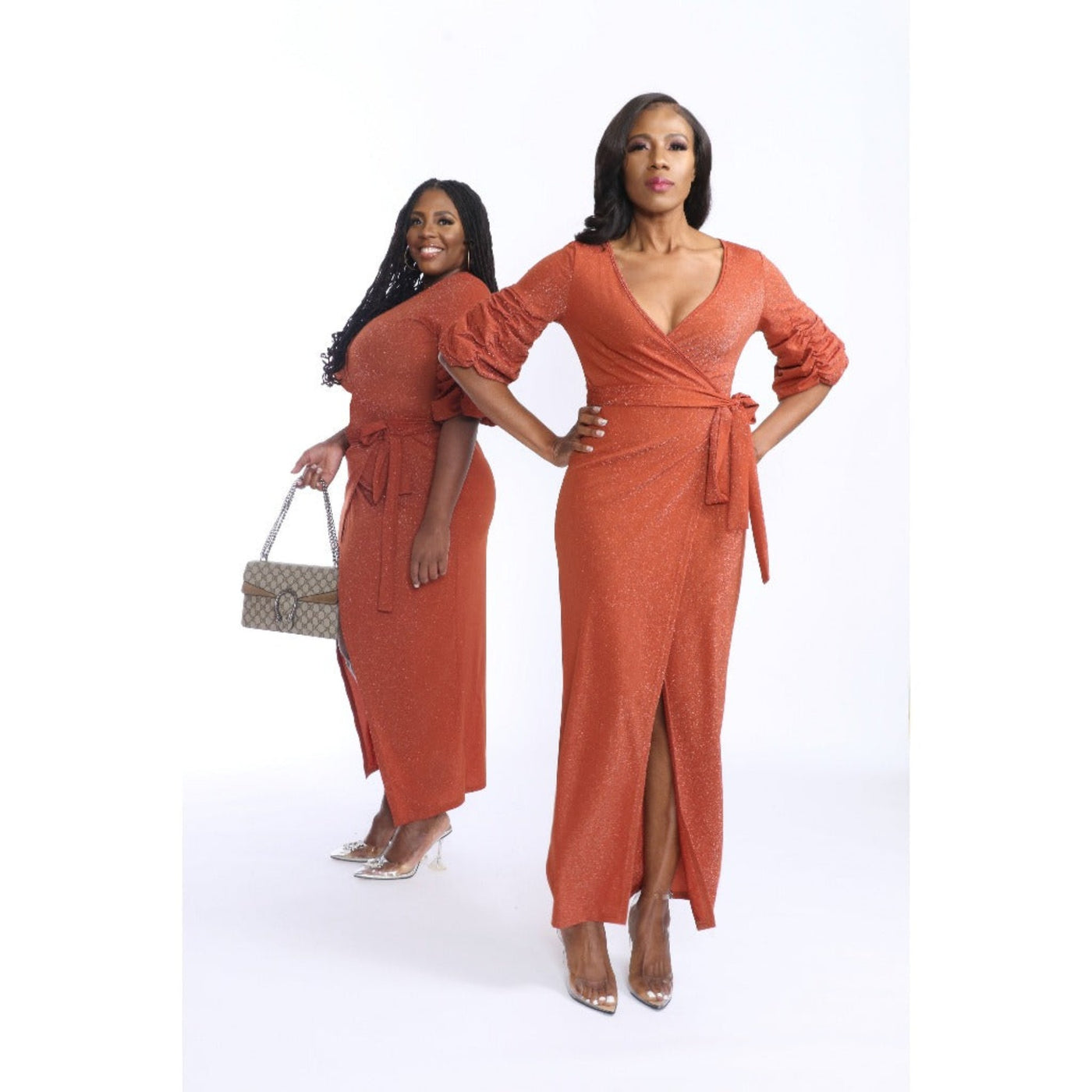 Elegant Long Copper Wrap Dress