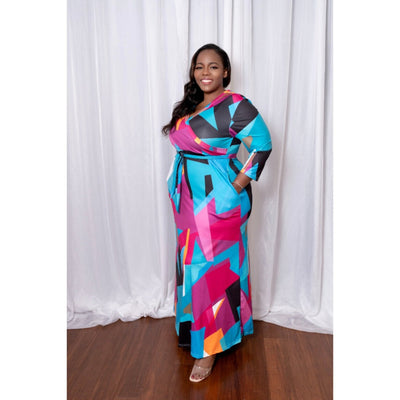 Purple and Blue Color Block V Neck Maxi Dress
